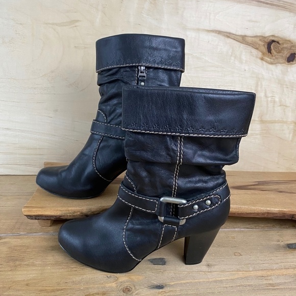 Fossil Womens Fold Over Harness Boots Mid Calf Leather Black Size 9 - Picture 2 of 11